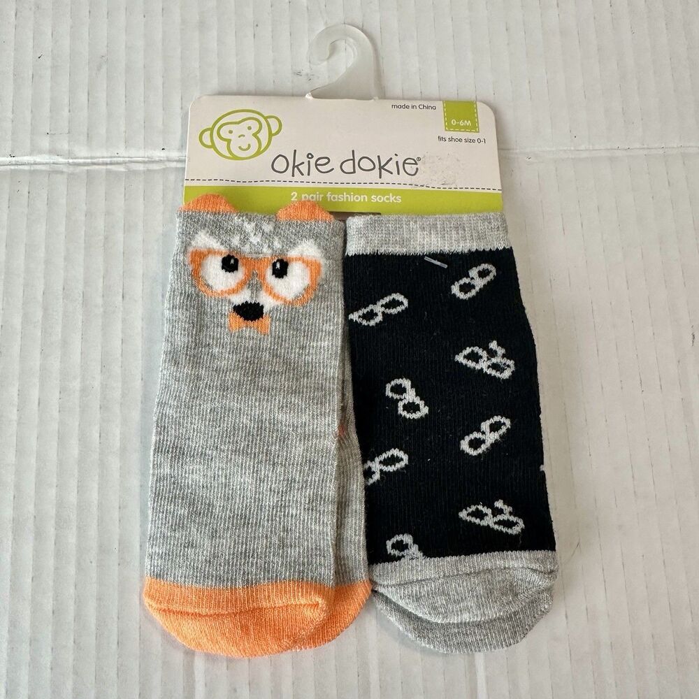 Okie Dokie Baby Socks 2-Pair Fox & Eyeglasses 0-6 Months Shoe Sz 0-1 Gray Orange